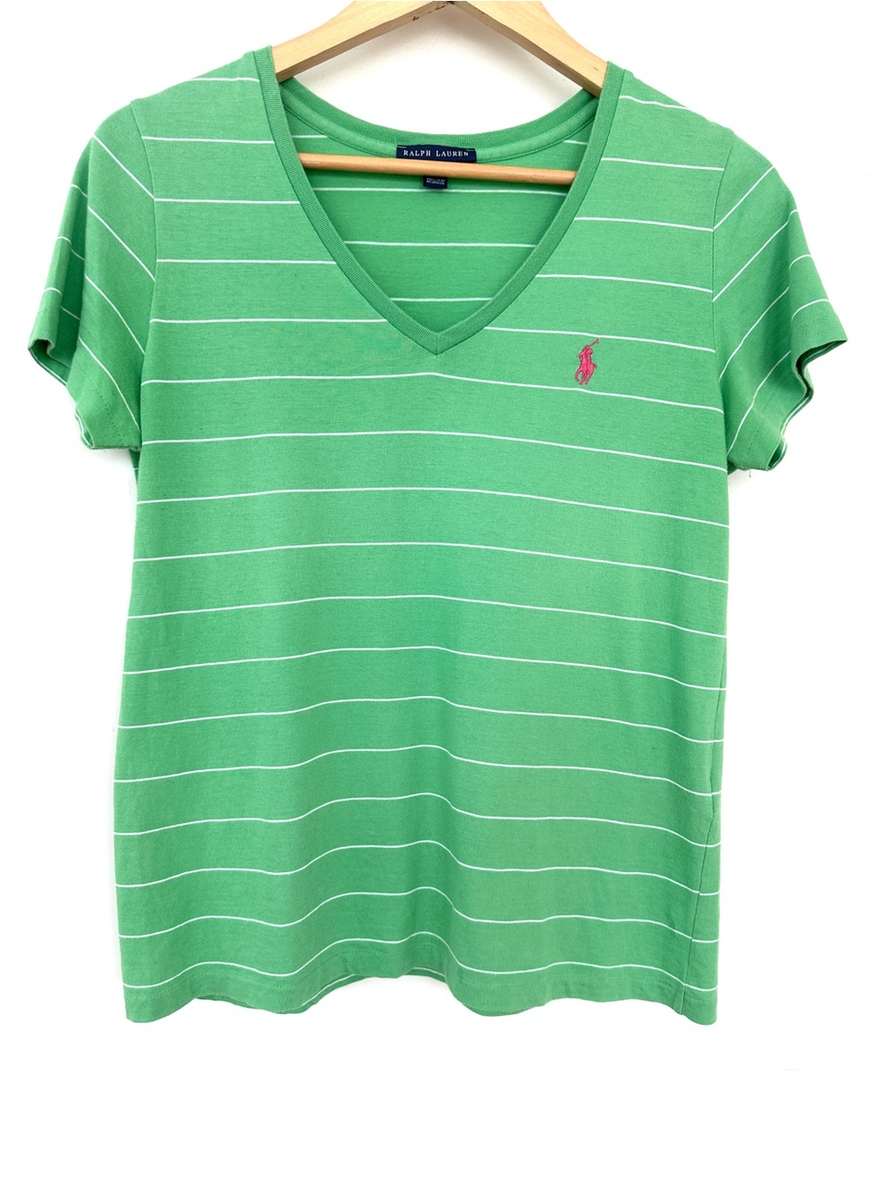 Ralph Lauren Green Striped V-Neck Polo Tee with Short Sleeves, 💯 Cotton